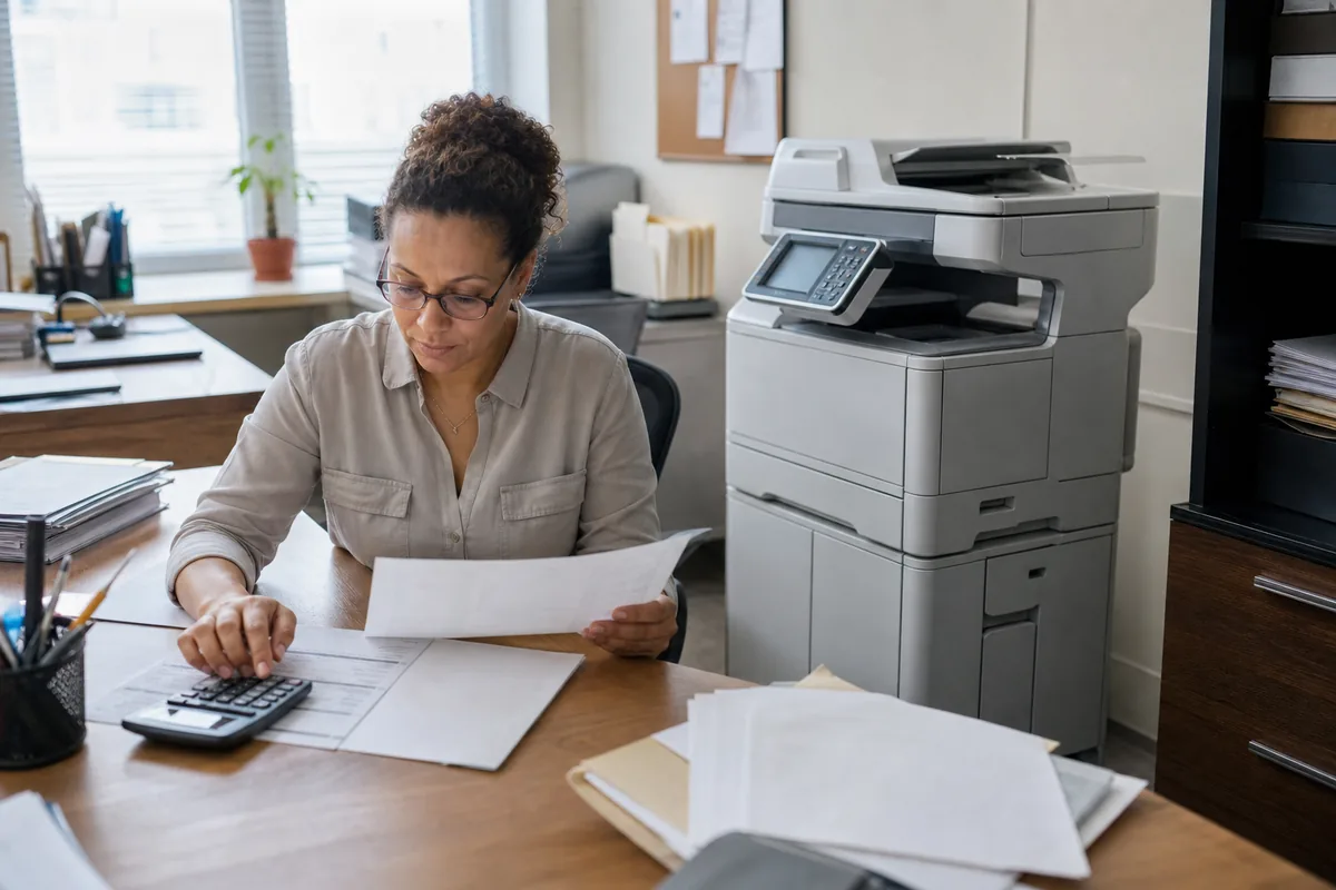Finance manager reviewing the cost of an office copier