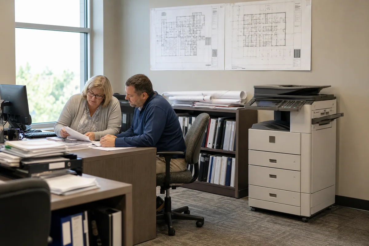 Office managers comparing copier lease costs
