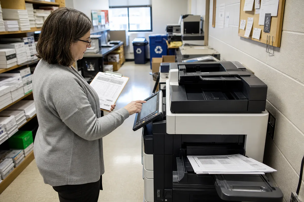 Administrator checking copier meter usage for cost per page