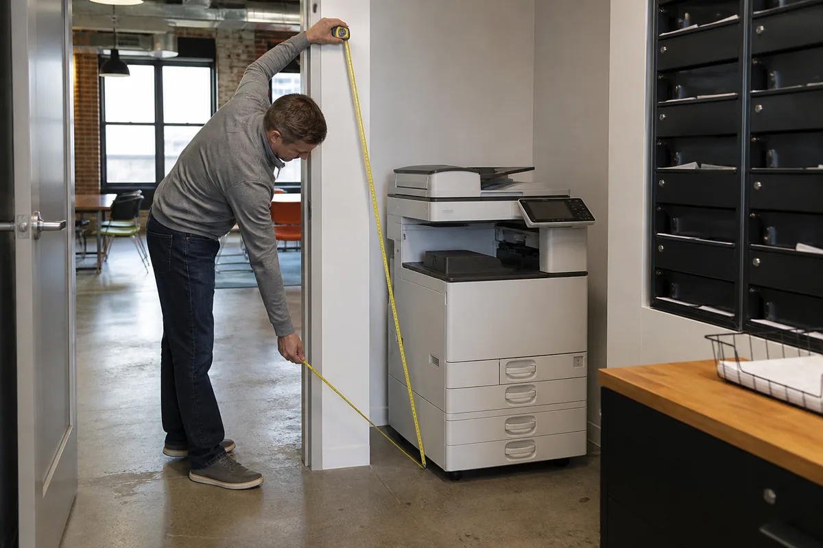 Facilities coordinator measuring space for an office copier