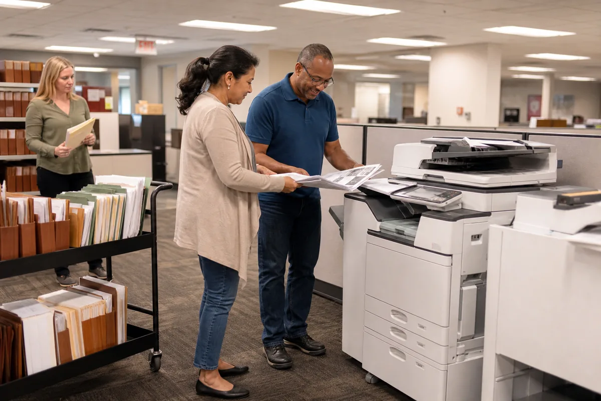 Legal office staff collecting a high-volume copier job