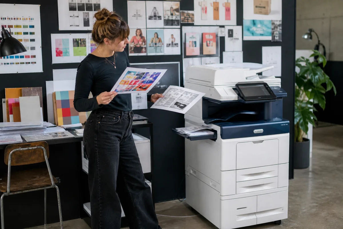 Designer comparing color and black-and-white copier output