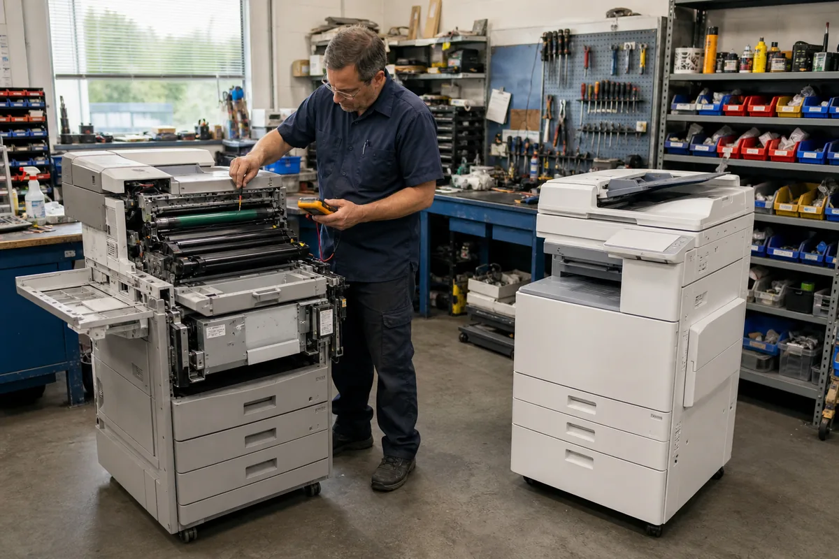 Technician inspecting a refurbished office copier beside a newer model