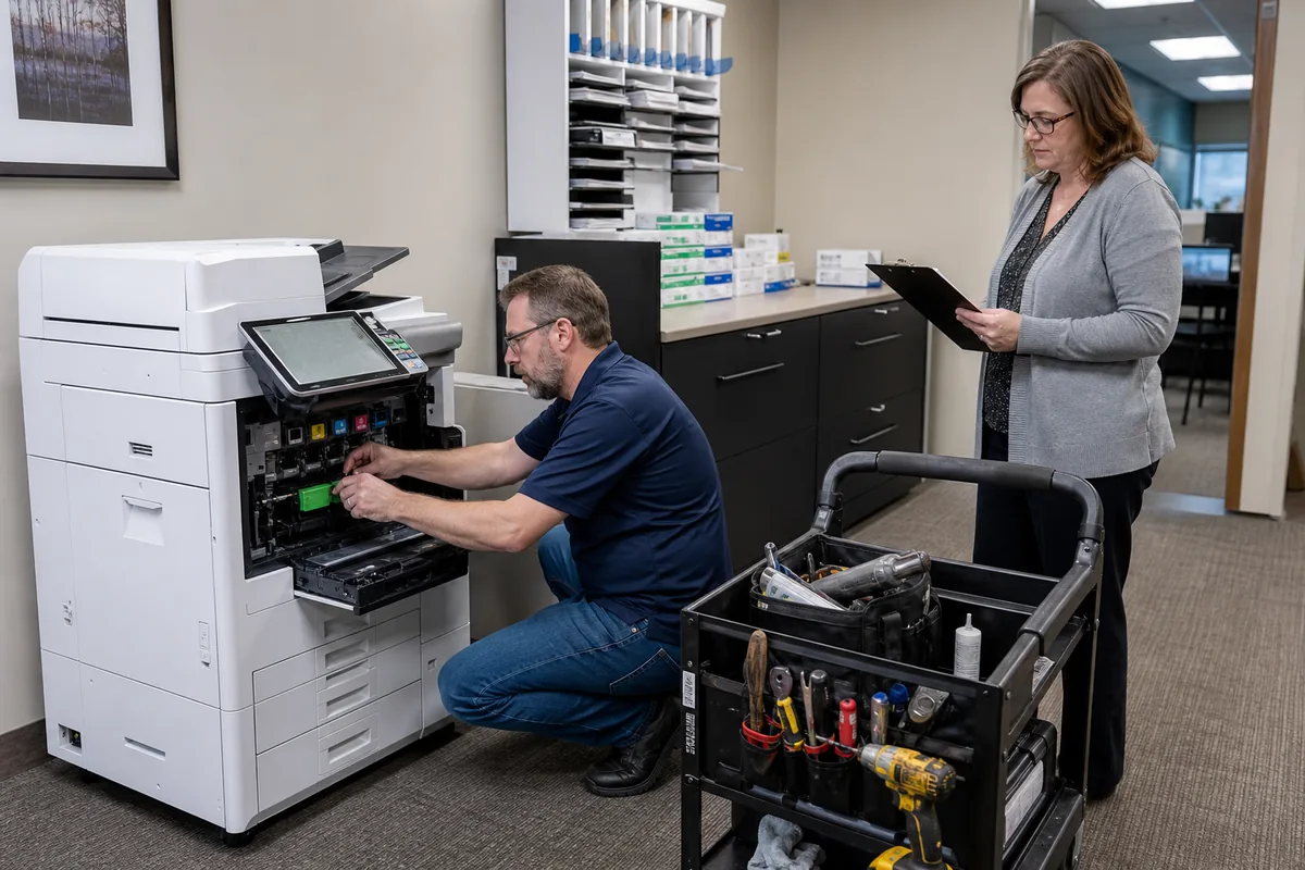 Technician servicing an office copier while an administrator reviews coverage