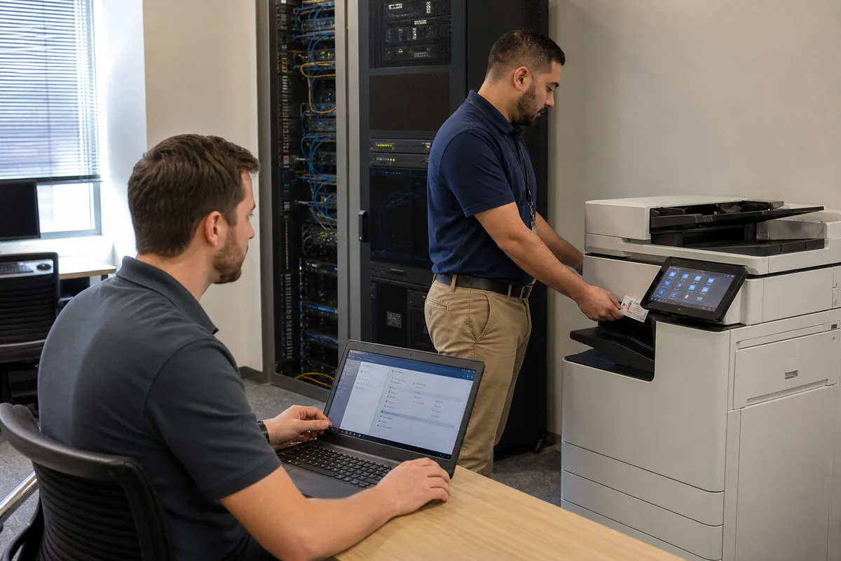 IT administrator configuring secure printing on an office copier