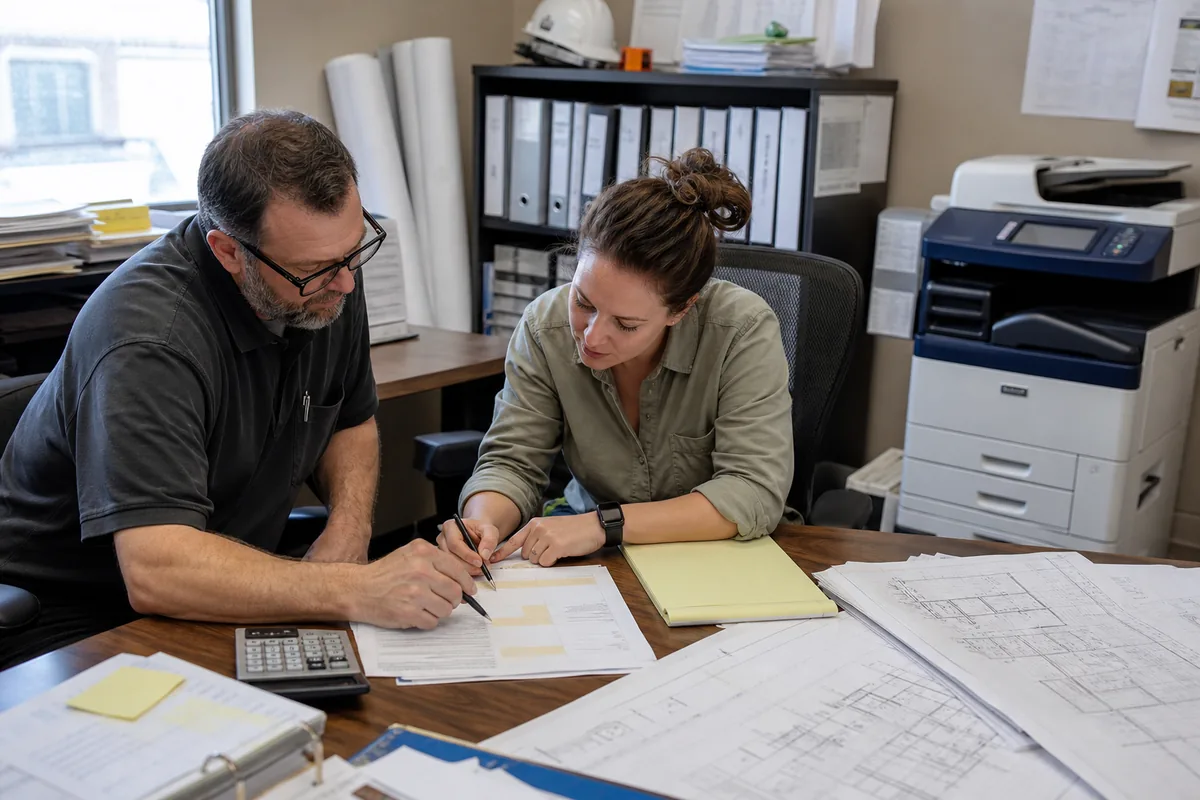 Procurement team reviewing line items in a copier lease proposal