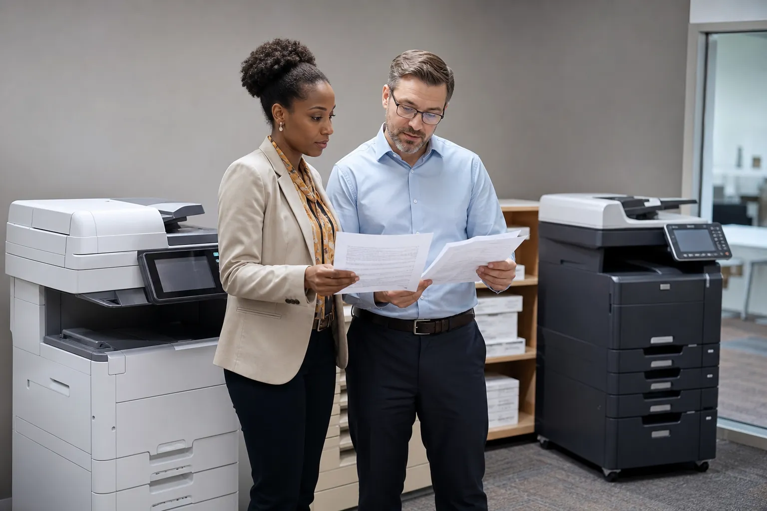 Office team evaluating copier equipment and document workflow