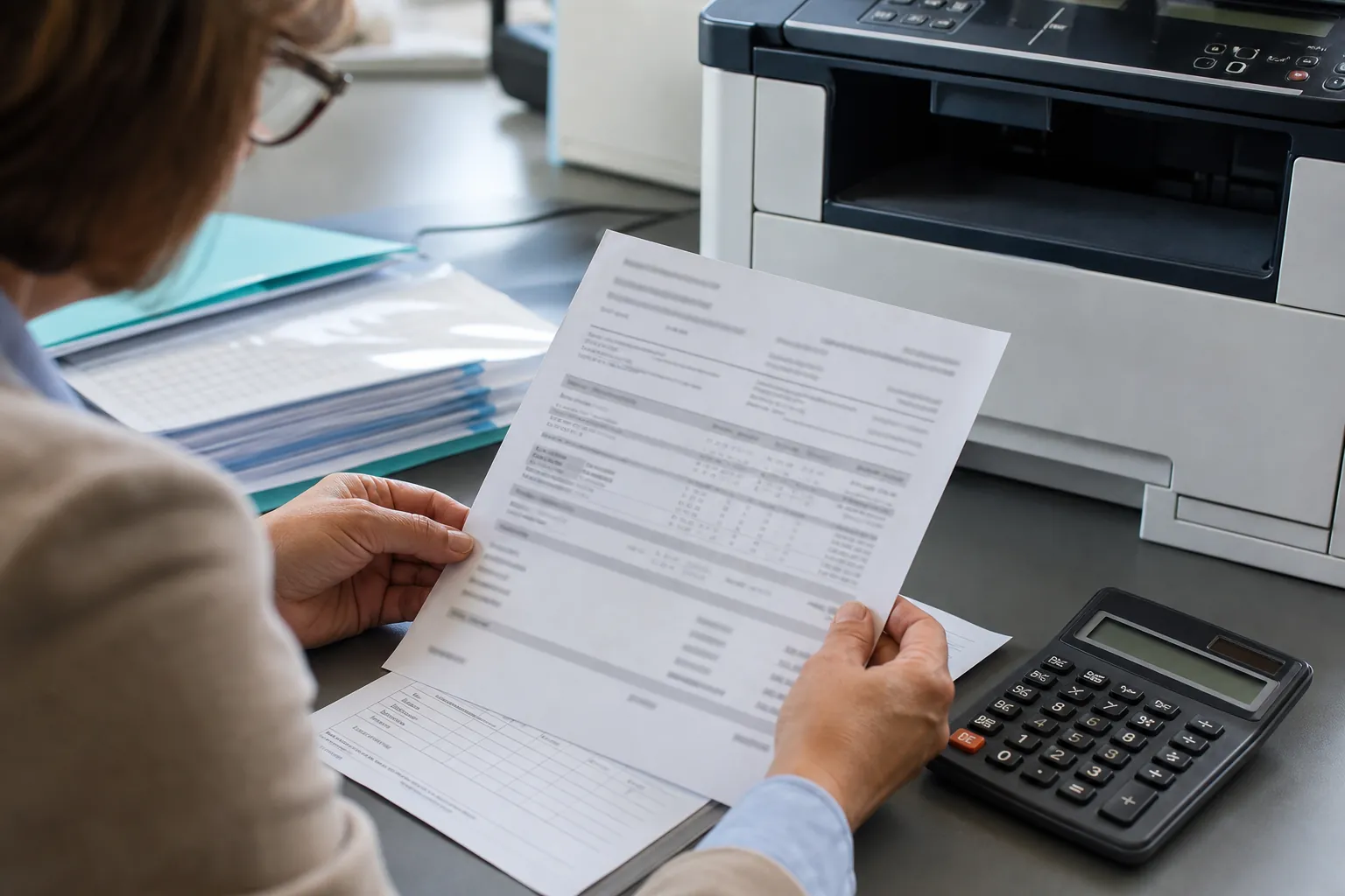 Office team evaluating copier equipment and document workflow