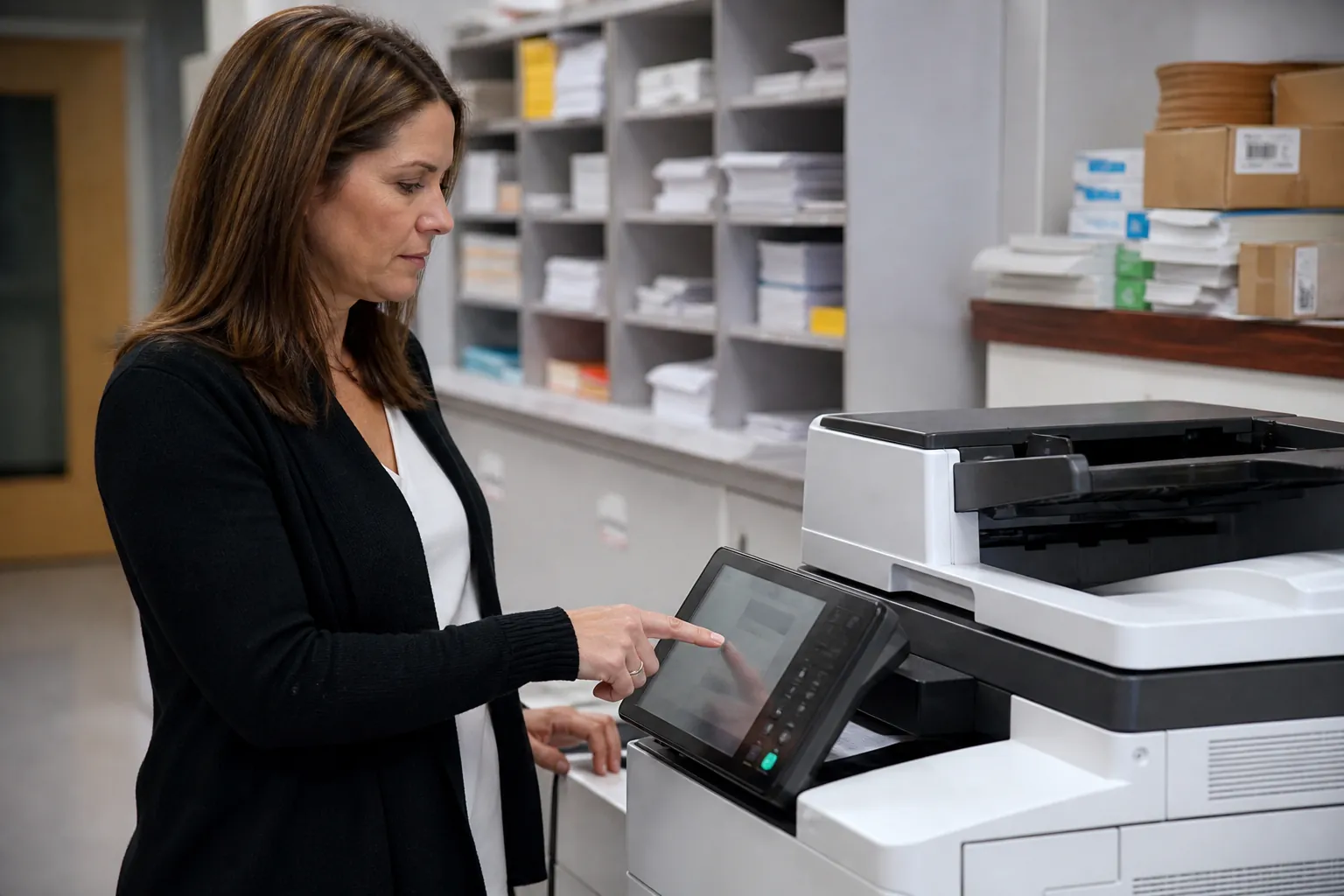 Office team evaluating copier equipment and document workflow
