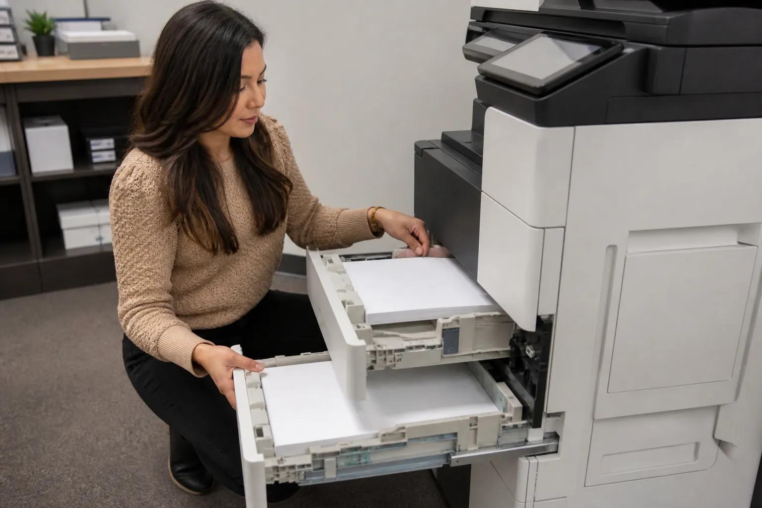Office team evaluating copier equipment and document workflow