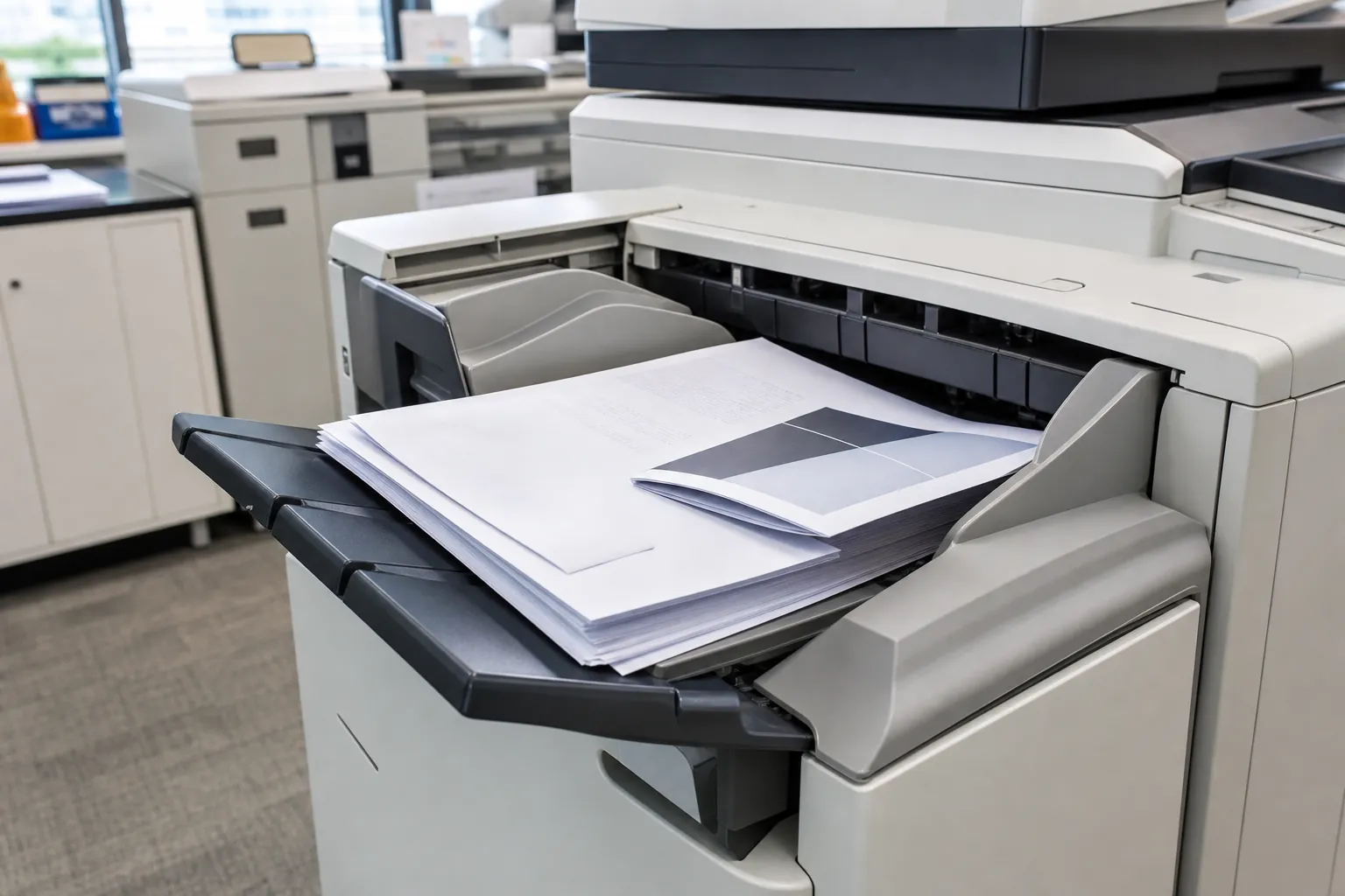 Office team evaluating copier equipment and document workflow