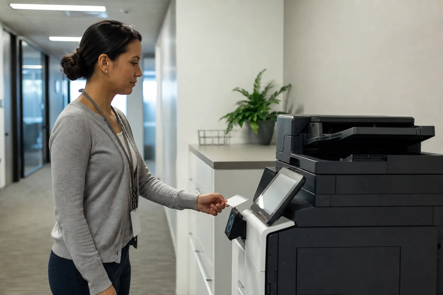 Office team evaluating copier equipment and document workflow