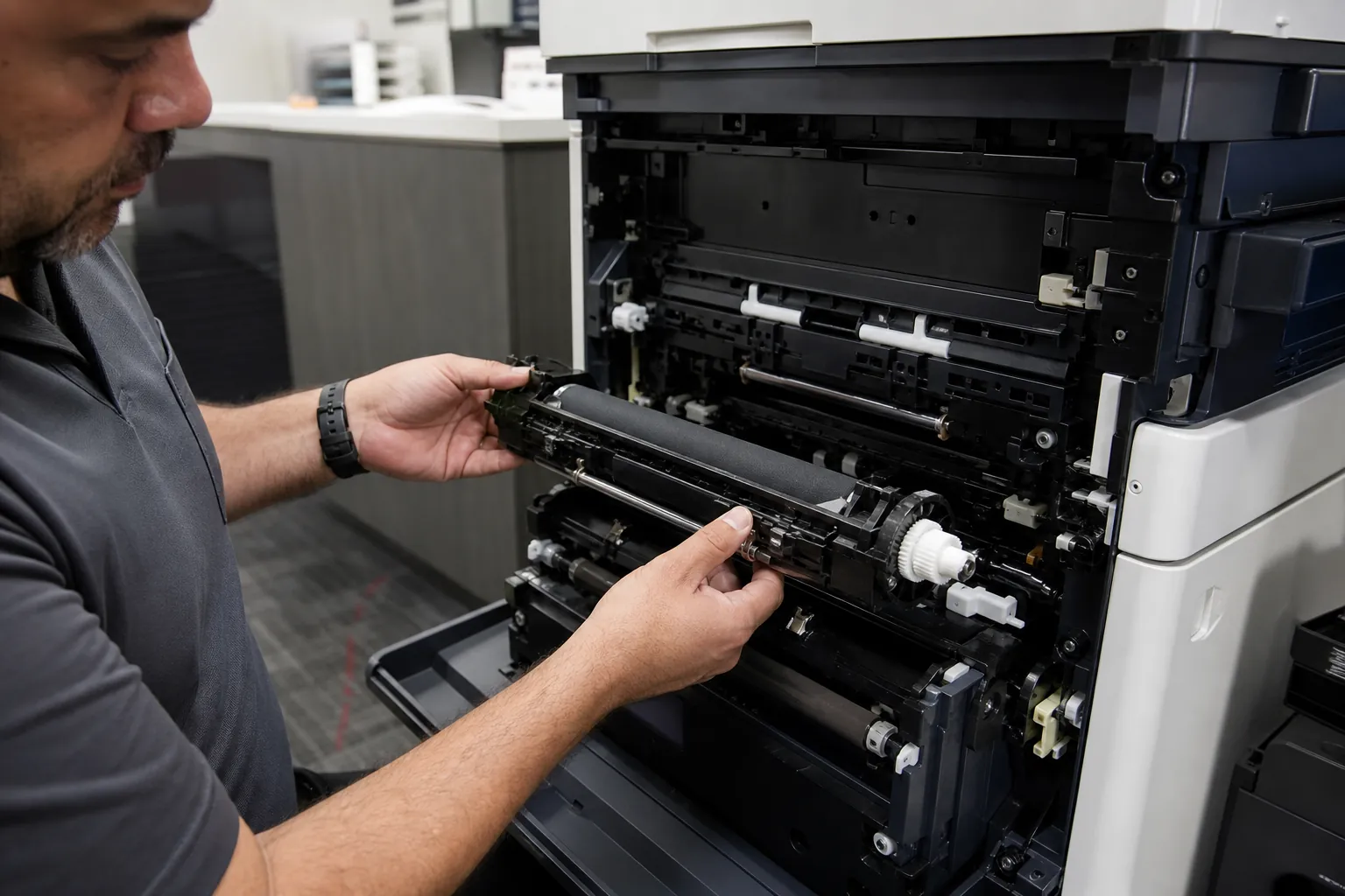 Office team evaluating copier equipment and document workflow