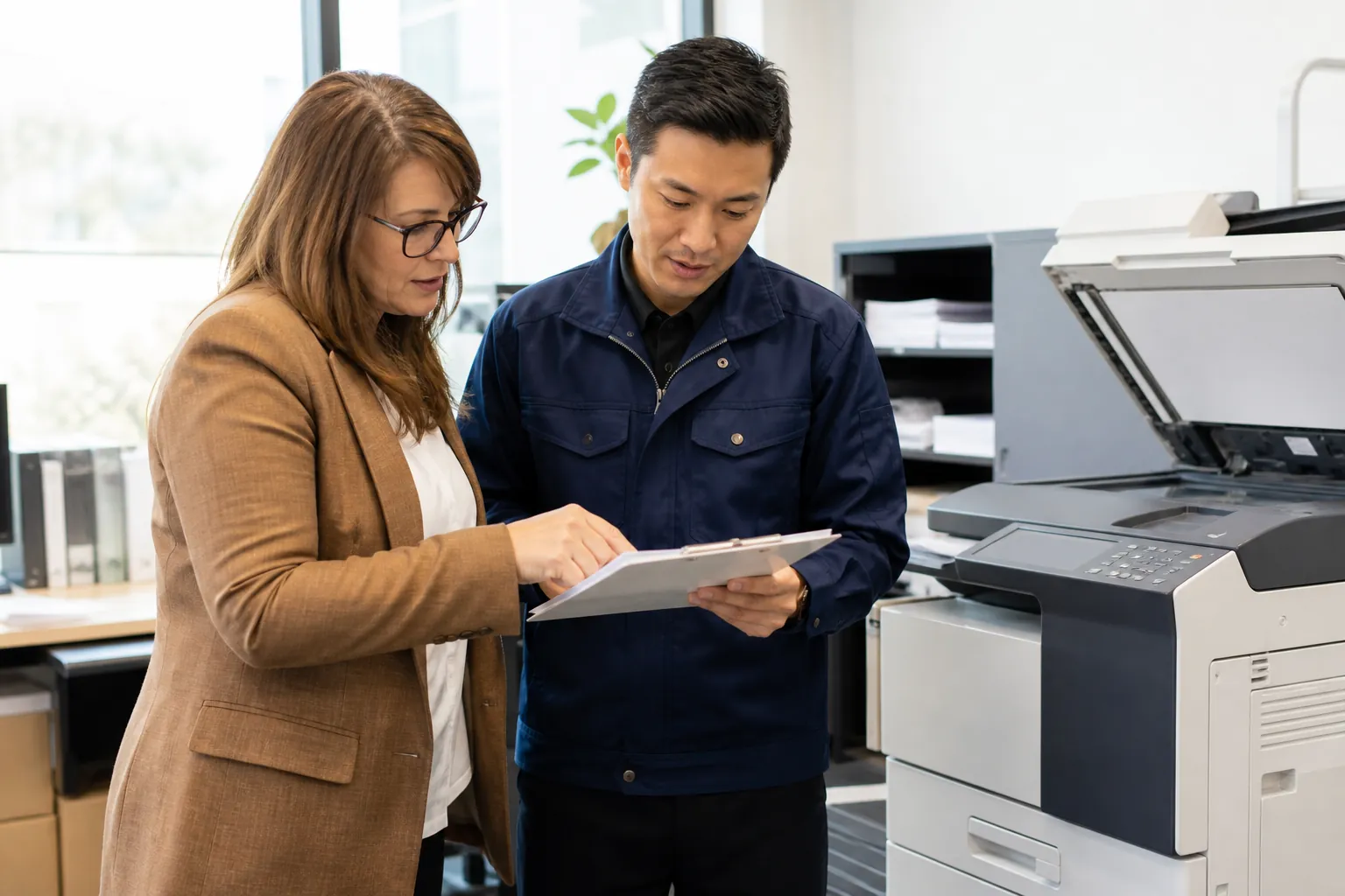 Office team evaluating copier equipment and document workflow