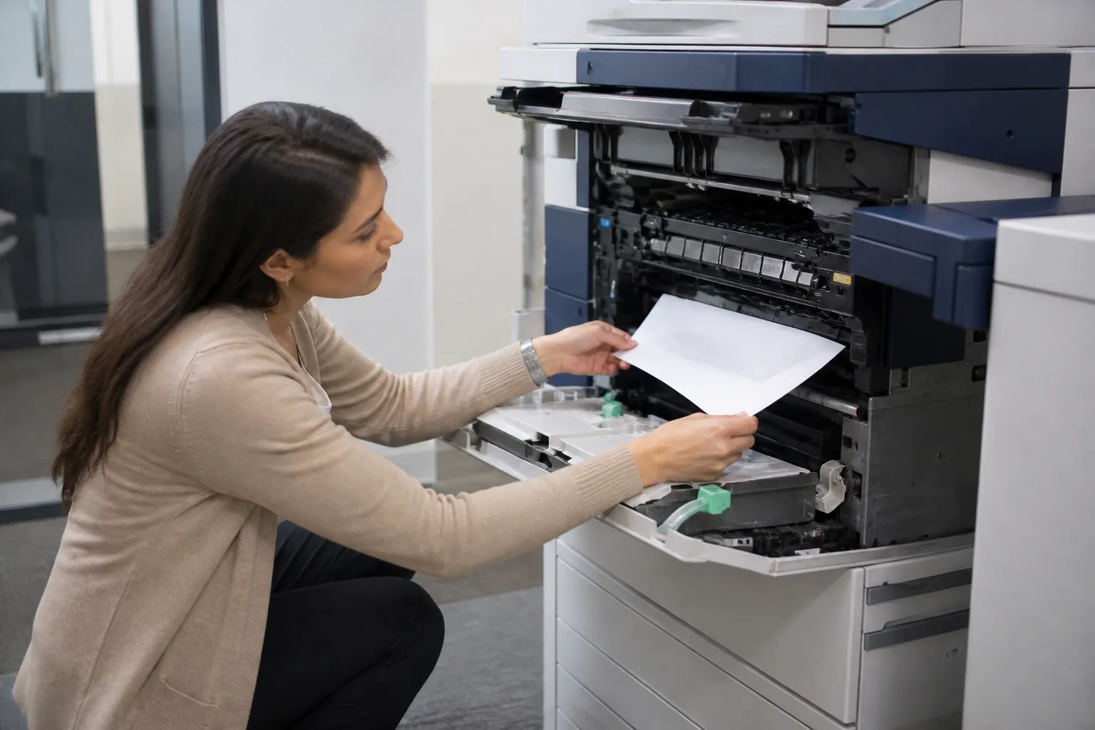Office team evaluating copier equipment and document workflow