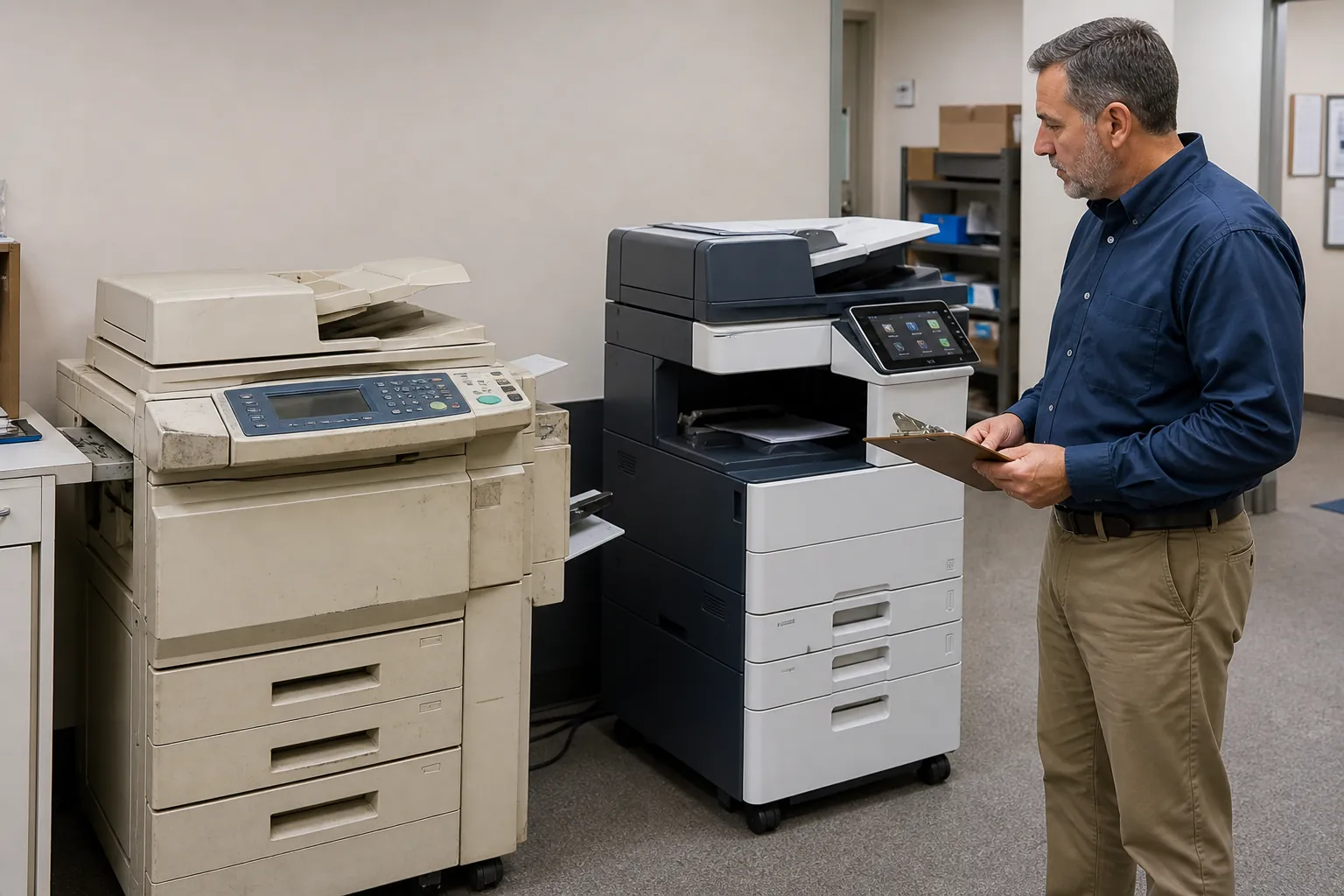 Office team evaluating copier equipment and document workflow