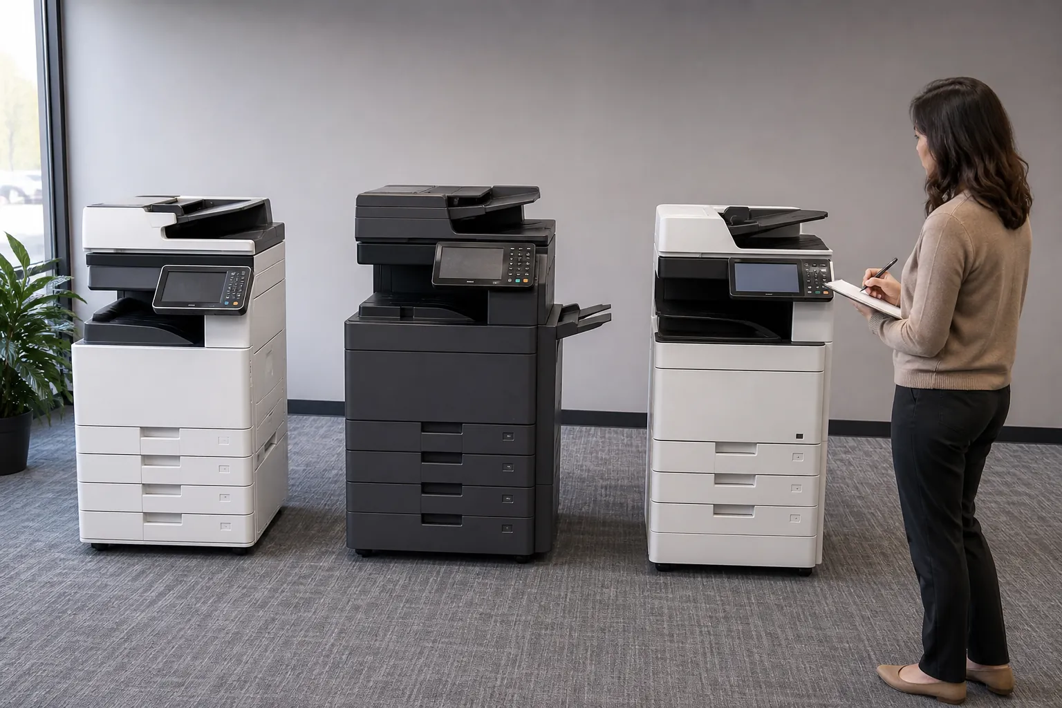 Office team evaluating copier equipment and document workflow
