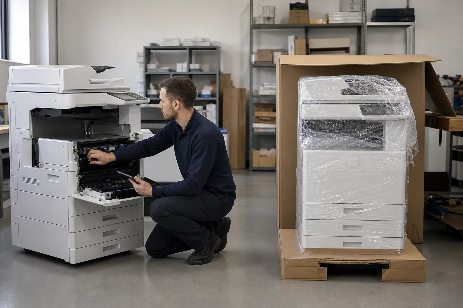 Office team evaluating copier equipment and document workflow