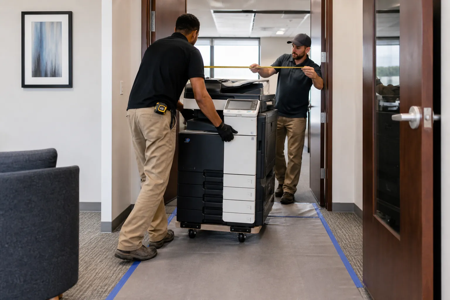 Office team evaluating copier equipment and document workflow