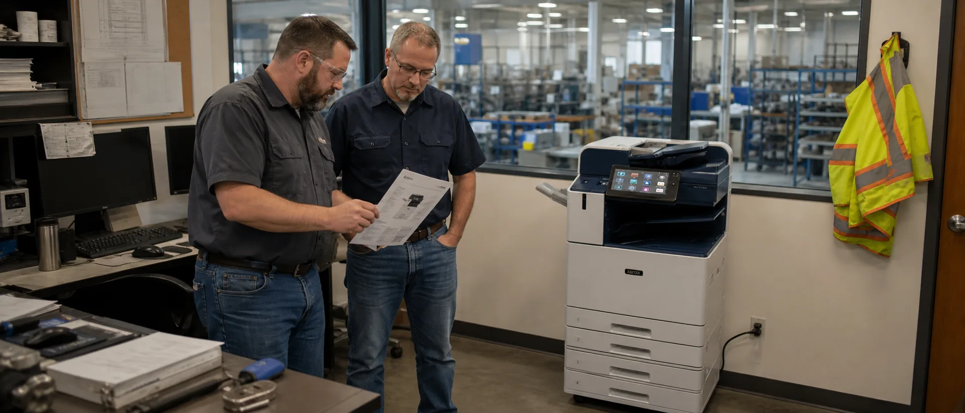 Manufacturing operations team reviewing copier requirements